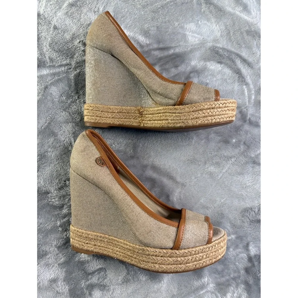 NEW W/ BOX Tory Burch Sally Canvas Espadrille Wedge Sandals Womens Beige US 8.5